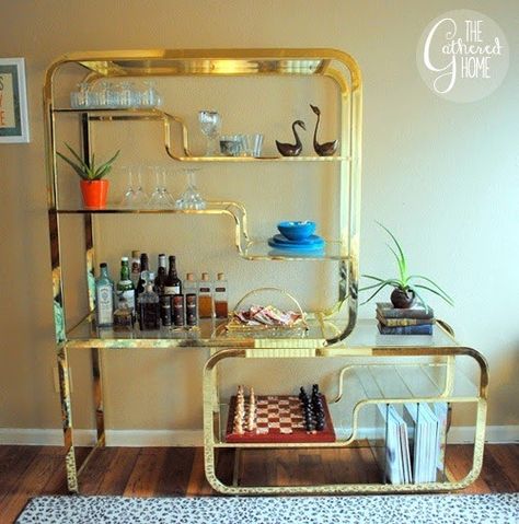 Found: Vintage 80's Design Institute America Brass & Glass Etagere! Styled as a bar. Gold Bookcase, Brass Etagere, Glass Etagere, Elegant Bar Stools, Inspired Images, Brass Furniture, Design Institute, Hello Lover, Swivel Chair Living Room