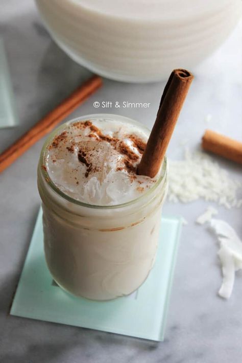 Mexican Coconut Horchata | Sift & Simmer Cocnut Milk, Toasted Rice, Horchata Recipe, Toast In The Oven, Coconut Milk Recipes, Cinnamon Almonds, Cinnamon Sugar, Detox Drinks, Refreshing Drinks