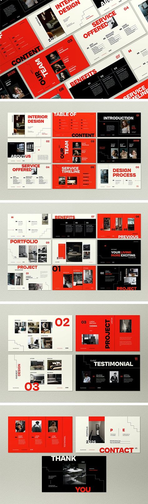 Red and Black Minimalist Interior Design PowerPoint by Graphicapital Black Red Layout, Black Red Graphic Design, Red Presentation Design, Black White Red Website Design, Red And Blue Presentation Design, Interior Design Powerpoint, Red Presentation, Ppt Template Design, Utilitarian Design