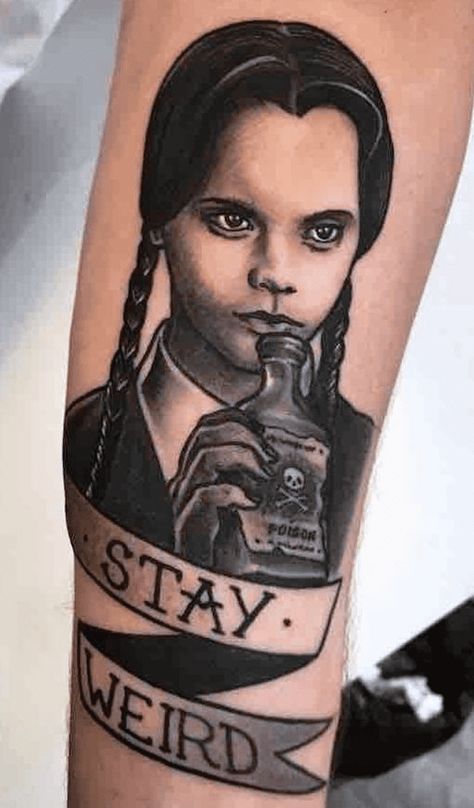 Wednesday Tattoo Design Ideas Images Wednesday Addams Tattoo Design, The Adams Family Tattoo, Merlina Adams Tattoo, Wednesday Addams Tattoos, Wednesday Tattoo Addams, Wednesday Addams Tattoo Ideas, Morticia Addams Tattoo, Adams Family Tattoo, Wednesday Tattoo