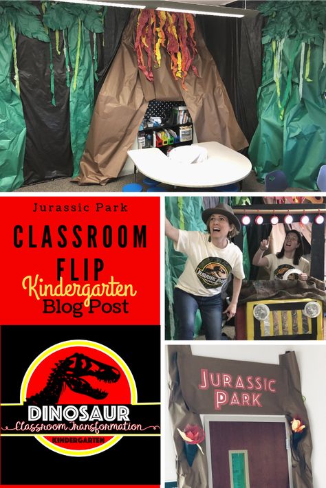 This is a blog post about a Jurassic Park Classroom Transformation in a Kindergarten class.  It gives examples of how to transform your class to study dinosaurs. It also shows the 6 missions students perform to escape the classroom (Jurassic Park) #kindergarten #jurassicpark #fliptheclassroom #escapetheclassroom #classroomtransformation #dinosaurs #dinosauractivities Jumanji Classroom Transformation, Jurassic Park Dramatic Play, Cave Classroom Transformation, Jurassic Park School Theme, Prehistoric Classroom Theme, Dinosaur Classroom Ideas, Classroom Transformation Ideas Kindergarten, Dinosaur Escape Room, Class Transformation Ideas