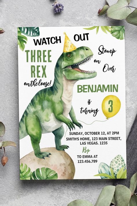 Jungle Dinosaur Three-rex Birthday Invitation Jungle Dinosaur, Dino Decorations, Prehistoric Party, Dinosaur Party Invitations, Dinosaur Invitation, Dinosaur Birthday Party Invitations, Birthday Party Items, Dinosaur Invitations, Dinosaur Birthday Invitations