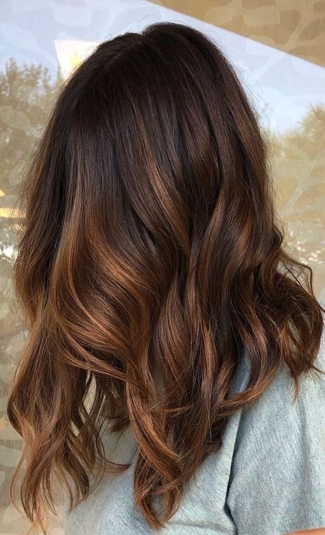 hair color, balayage, balayage hair color, balayage hair color ideas, hair color ideas, brunette hair color, blonde balayage, brown balayage, summer hair color, hair color trends Brown Hair With Amber Balayage, Amber Brown Balayage, Brown Hair Balayage Cinnamon, Brunette With Auburn Balayage, Balayage Red Brown, Partial Balayage For Brunettes, Subtle Ginger Highlights In Brown Hair, Balayage For Olive Skin Tone, Auburn Partial Balayage