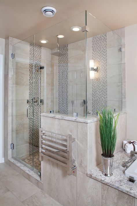 Shower With Pony Wall And Bench, High End Showers Master Bath, Shower Pony Wall Ideas, Full Tiled Bathroom Walls, Spa Master Bath Ideas, Shower Pony Wall, Pony Wall Shower Ideas, Pony Walls, Spa Master Bath