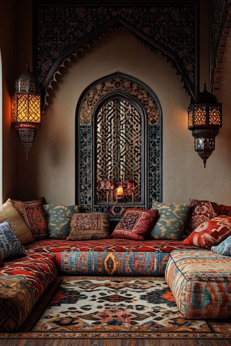 Add modern Moroccan decor elements for a rich and vibrant look. #MoroccanDecor #ModernStyle #BoldInteriors Rustic Moroccan Decor, Moroccan Restaurant Interior, Marocco Interior Design, Marrakech Interior Design, Modern Moroccan Interior Design, Marocco Interior, Moroccan Style Living Room, Modern Moroccan Decor, Modern Arabic Interior