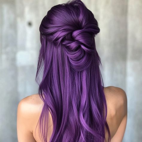 20 Dynamic Violet Hairstyle - Hair Guru Dark Violet Hair, Pancake Braid, Angular Bob, Violet Hair Colors, Violet Brown, Ponytail Updo, Grey Highlights, Violet Hair, Shades Of Violet