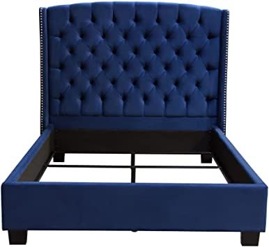 Diamond Furniture MAJESTICEKBEDNB Majestic Eastern King Tufted Bed in Royal Navy Velvet with Nail Head Wing Accents Velvet Tufted Bed, Headboard Vintage, Diamond Furniture, Royal Navy Blue, Velvet Bed Frame, Tufted Upholstered Bed, Eastern King Bed, Bed Stand, Bed Foundation