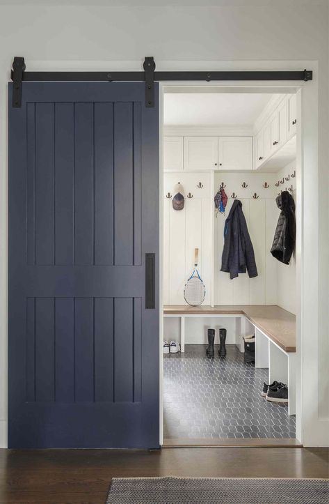 Panel Barn Door, Barn Door Interior, Entertaining Dinner, Mudroom Ideas, Interior Sliding Barn Doors, Mud Rooms, Door Interior, Sliding Barn Doors, Laundry Mud Room