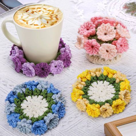 Amazon.com: Crochet Kit for Beginners-4PCS Coaster Flower Pot Crochet Kits Coaster Crochet Starter Kit with Crochet Yarns,Hooks, Easy Videos Tutorials to Crochet for Office, Coffee Table, Bathroom Home Decor Crochet Flower Coasters Free Pattern, Coaster Crochet, Flower Coaster, Hanging Calendar, Needle Threaders, Crochet Coaster Pattern, Crochet Coaster, Yarn Thread, Cup Coaster