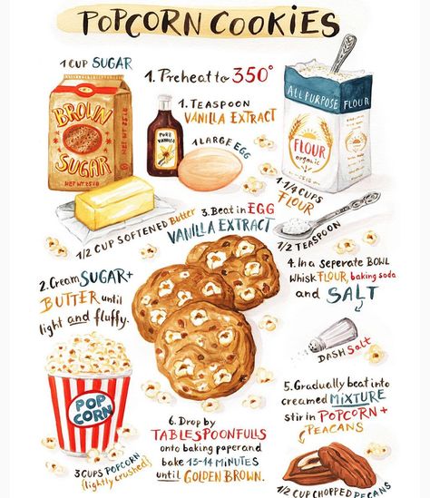 Drawing Recipes, Cookies Drawing, Cookbook Illustration, Recipe Diary, Cookbook Cover Design, Cartoon Recipe, Diy Recipe Binder, Popcorn Cookies, Recipe Illustration