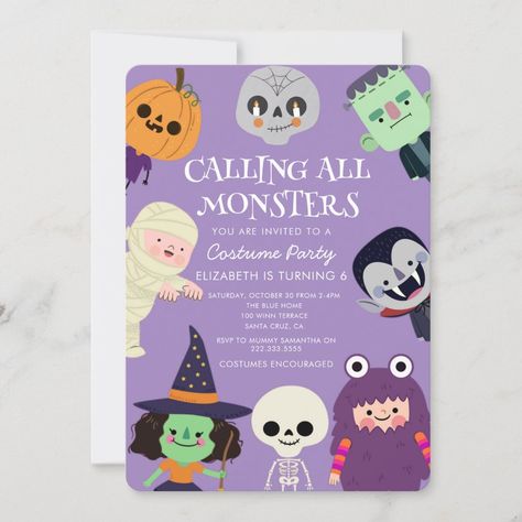 Cute Spooktacular Costume Kids Halloween Birthday Party Invitation Cute halloween costume party invitation template card featuring illustration of kids in costumes (bat, ghost, and vampire,mummy,monster). The text above says "Join us if you dare for a Spooktacular Halloween Party. Halloween Theme Kids Birthday Party, Fourth Birthday Halloween Theme, 5th Halloween Birthday Party, Halloween Themed 3rd Birthday Party, 5th Birthday Halloween Party, Halloween Birthday One Year Old, Monster Bday Party Ideas, Halloween Childrens Party, 4th Birthday Halloween Theme