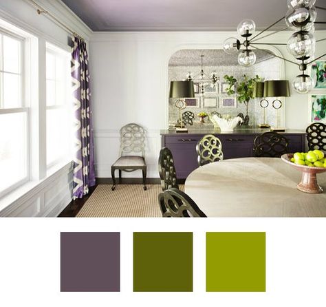 The Most Underrated Color for Interiors (& How To Make It Work) — Palette Pleaser  Inspiration Purple can tend to come off feeling a little young, but designer Eileen Kathryn Boyd masterfully avoided the juvenile tendencies with a super sophisticated color pairing.  Color Palette The key to this combination is the deep, stormy purple used. That keeps things super grown up. On top of plenty of white, throw in mossy and bright granny smith apple greens. Modern Living Room Colors, Purple Interior Design, Living Room Color Combination, Dining Room Colour Schemes, Room Color Combination, Midwest Living, Interior Wall Paint, White Throw, Empty Room