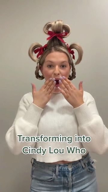 Grinch Inspired Hairdos, Cindy Lou Who Make Up, Cindy Who Costume, How To Dress Like A Whoville Character, Dress Up Like Whoville, Holiday Character Dress Up Day, Holiday Character Dress Up, How To Make Cindy Lou Who Hair, Who Ville Hair For Kids