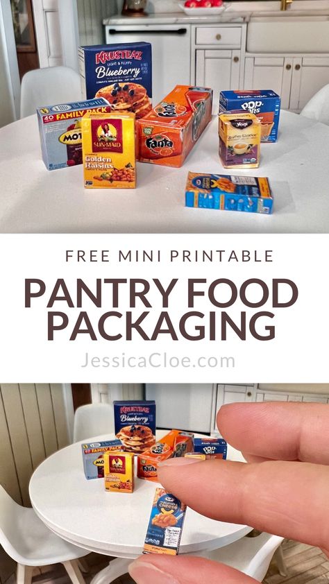 Free Pantry Foods Packaging Download — Jessica Cloe Miniatures Printable Miniature Food Boxes, Mini Food Template Printable, Miniature Food Packaging, Free Mini Printables, Dollhouse Food Diy, Mini Doll House Diy Free Printables, Food Printables Free, Easy Diy Miniatures Printables, Diy Barbie Food