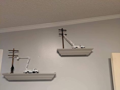 Lineman wall decor Lineman Themed Nursery, Lineman Baby Pictures, Lineman Nursery, Power Lineman Decor, Rustic Nursery Room Ideas, Lineman Decor, Lineman Love, Baby Boy Room Themes, Power Lineman