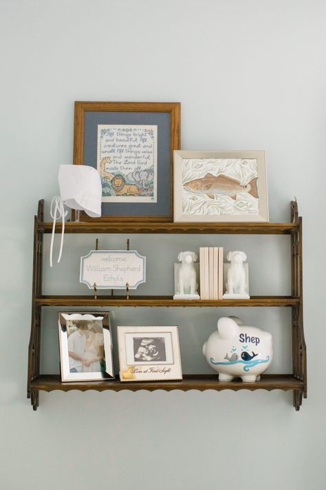 A Blue + White Nursery - marycatherineechols.com Nancy Meyers Nursery, Americana Nursery, Blue White Nursery, Coastal Sunroom, Nursery Bookshelves, Blue And White Bedroom, Big Stuffed Animal, Nursery Bookshelf, White Baby Showers