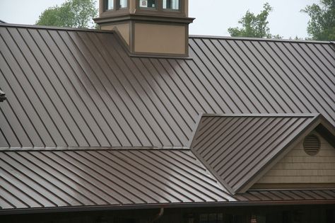 Brown Metal Roof, Brown Brick Exterior, Metal Roof Houses, Metal Roof Colors, Corrugated Metal Roof, Roofing Ideas, Rv Garage, Stone Chimney, Brown Roof