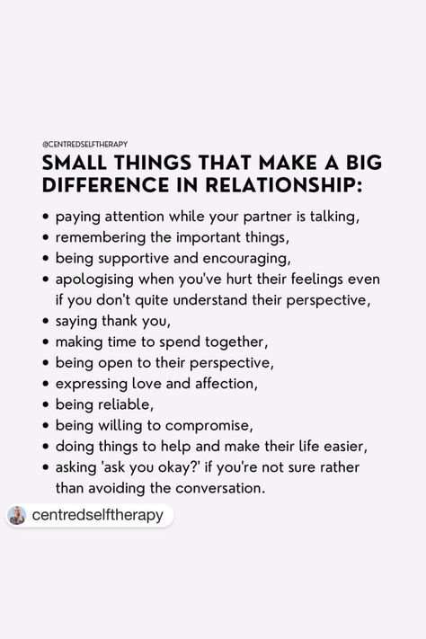 Consistency is queen when it comes to love! My faves: making time to spend together (without screens!), expressing love and affection and saying thank you ♥️ Which of these small things do you do or WANT in your relationship? 👇 Post credit: centredselftherapy on IG Things You Want In A Relationship, Dos And Donts Of Relationships, Starting A Relationship Quotes, Things To Want In A Relationship, Small Things Relationships, Consistency Relationship, What You Need In A Relationship, Relationship Post, Things To Expect In A Relationship