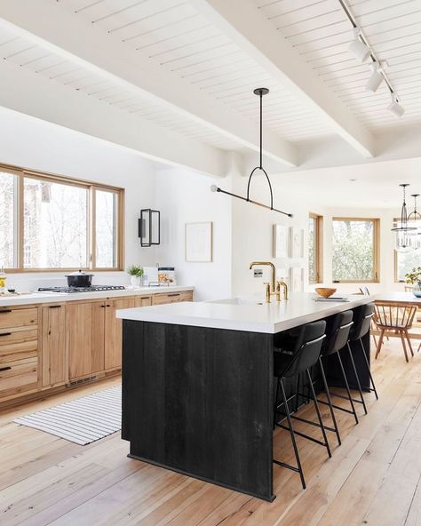 Wood Kitchen Black Island, Wood Kitchen With Black Island, Scandinavian Mountain House, Black Island Kitchen, Modern Mountain Style, White Scandinavian Kitchen, Scandinavian Light Fixtures, Mountain House Kitchen, White Grey Paint