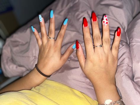 One Hand Red One Hand Blue Nails, Red White And Blue Cow Print Nails, Red And Blue Nail Ideas, Red And Light Blue Nails, Red And Blue Nails Acrylic, Light Blue And Red Nails, Blue And Red Nails Designs, Red Cow Print Nails, Red And Blue Nails Design