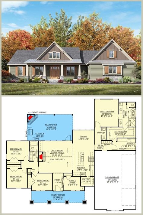 Single Storey House Plans, Room Floor Plan, Craftsman Farmhouse, Vaulted Great Room, Farmhouse Floor Plans, 4 Bedroom House Plans, Home Design Floor Plans, House Construction Plan, American House