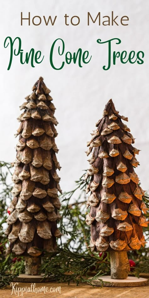 two DIY pine cone trees sitting on a table Pine Cone Trees Christmas, Pine One Trees, Pine Cone Christmas Tree Diy, Diy Pine Cone Christmas Tree, Diy Pine Tree Decoration, Long Pine Cone Crafts, Pine Cone Christmas Trees, Pinecone Trees Diy, Pine Cone Trees Diy