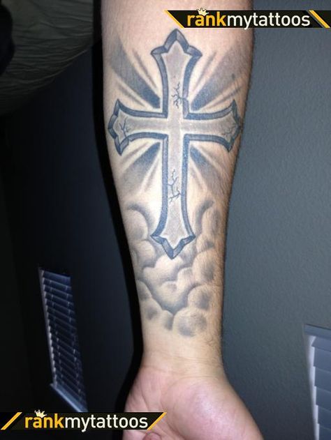 cross Cross With Clouds Tattoo, Cross In Clouds Tattoo, Cross And Clouds Tattoo, Cross With Sun Rays Tattoo Design, Cross Tattoo On Forearm, Cross With Shading Tattoo, Cross With Rays Tattoo, Cross With Light Rays Tattoo, Cross On A Hill Tattoo