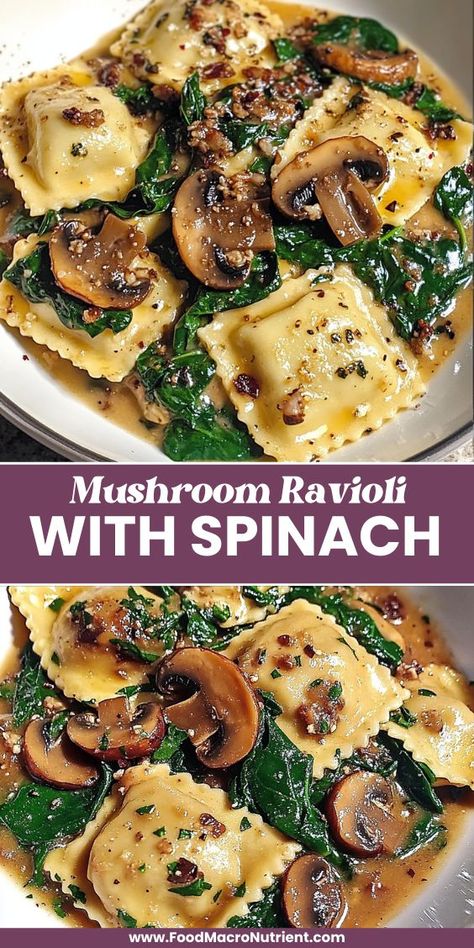 Easy Meatless Pasta, Spinach Mushroom Ravioli, Mushroom Ravioli Sauce, Ravioli Sauce Recipe, Ravioli With Spinach, Ravioli Recipe Homemade, Ravioli Sauce, Meatless Pasta, Spinach Ravioli