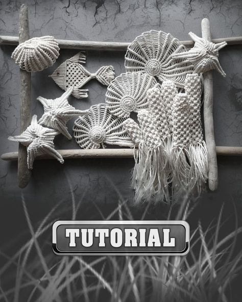 wall hanging craft ideas, macrame design, beach house wall art, macrame star, macrame tapestry, boho decor macrame, coastal macrame, farmhouse style ideas, rustic home decor, macrame wall hanging, macrame pendant, sea macrame, macrame shell pattern, bathroom decor Beach Macrame Patterns, Sea Turtle Macrame Wall Hanging Tutorial, Ocean Macrame Diy, Seashell Macrame Wall Hanging, Ocean Themed Macrame, Macrame Seashell Tutorial, Macrame With Seashells, Macrame Octopus Tutorial, Macrame Whale Tutorial