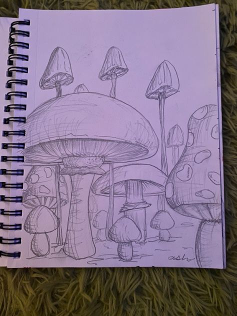 Easy Mushroom Sketch, Simple Mushroom House Drawing, Fairy Core Drawings Easy, Spooky Mushroom Drawing, Fairy Core Doodles, Mushroom Houses Drawings, Mushroom Sketch Trippy, Mushroom Fairy Drawing, Mushroom Forest Drawing