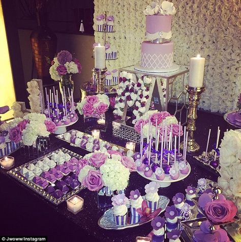 Quinceañera Venues, Purple Dessert Tables, Jenni Jwoww, Purple Candy Buffet, Vintage Wedding Cake Table, Purple Desserts, Purple Wedding Theme, Quinceanera Ideas, Purple Candy