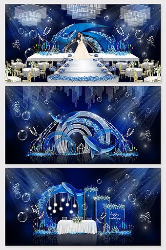 Dream Deep Sea Theme Wedding Rendering#pikbest#decors-models Hoco Themes, Activation Booth, Wedding Photo Walls, Starry Wedding, Galaxy Wedding, Ocean Wedding, Wedding Stage Design, Moon Wedding, Wedding Backdrop Design