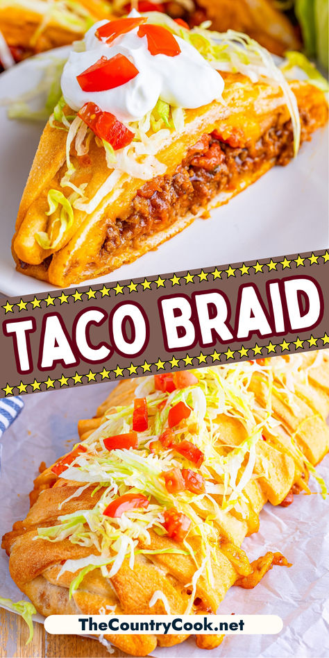 This Easy Taco Braid uses store bought pizza dough, seasoned taco beef, refried beans, cheese and salsa to create the most delicious family dinner! Taco Bread, Taco Braid, Housewife Life, Taco Ingredients, Crescent Roll Recipes, Crescent Roll Dough, Bowl Food, Crescent Roll, Taco Recipes