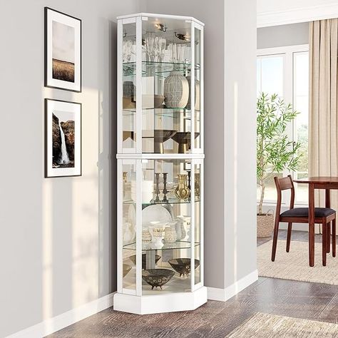 Amazon.com - BELLEZE Lighted 3-Side Glass Display Curio Cabinet with Tempered Glass Doors and Shelves, Curved Wood Corner Cabinet with Bulb, Corner Curio Storage Rack for Bar and Liquor Storage - Ashfield (White) - Glass Display Cabinets Wood Corner Cabinet, Living Room Display Cabinet, Corner Curio Cabinet, Liquor Storage, Corner Curio, Curio Display, Armoire D'angle, Trophy Case, Corner Display