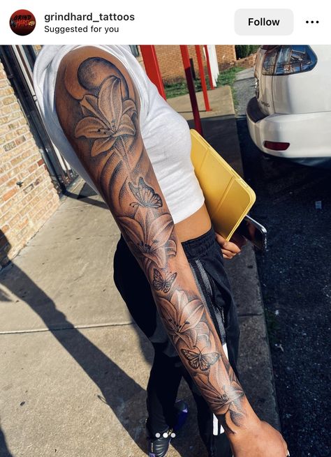 Whole Tattoo Sleeve, Sleeves Women, Outer Sleeve Tattoo, Female Full Sleeve Tattoo, Full Sleeve Tattoo Design Sketch, Tattoo Ideas Female Sleeve Leg, Girl Sleeve Tattoo Black Women, Khia Monique Tattoo, Lower Leg Sleeve Tattoos Female