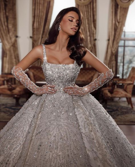 Elegant, beautiful suspender wedding dress, richly embellished, covered with crystals, completed with gloves with crystals Wedding Dresses With Gloves, Suspender Wedding, Formal Dress Plus Size, Ruffle Bridal Gown, Wedding Dresses Long Sleeves, Engagement Dress For Bride, Boda Ideas, Dresses Long Sleeves, White Dress Formal