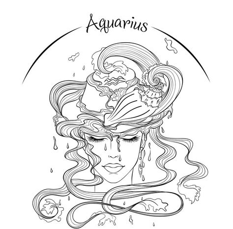 Aquarius Images Art, Witchy Aquarius Tattoo, Aquarius Tattoo Stencils, Aquarius Design Art, Aquarius Women Tattoo, Aquarius Line Art, Aquarius Drawing Zodiac Art, Aquarius Coloring Pages, Aquarius Art Goddesses