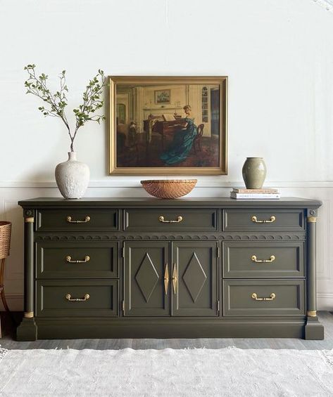 Olive Green Wood Furniture, Olive Green Sideboard, Dark Green Entry Table, Olive Green Furniture Paint, Olive Green Upcycled Furniture, Olive Painted Furniture, Dark Antique Furniture, Dark Green Sideboard, Moody Furniture Makeover