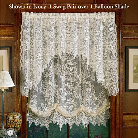 swag over balloon shade Lace Window Treatments, Vintage Lace Curtains, Lace Balloons, Tie Up Curtains, Balloon Shades, Balloon Valance, Balloon Curtains, Swag Curtains, Pink Wedding Decorations