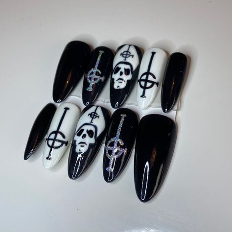 The Band Ghost press on nails by @nailsby_elx on instagram Ghost Band Themed Nails, Ghost The Band Nails, Ghost Band Inspired Nails, Ghost Band Nail Art, The Band Ghost Nails, Ghost Bc Nails, Satanic Nail Art, Ghost Band Nails, Ghost Concert