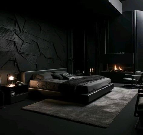 Dark Modern House Bedroom, Black Interior Bedroom, Modern Dark Bedroom, Black Modern Bedroom, All Black Room, Black Luxury Bedroom, Dark Modern Bedroom, Furniture Ideas Bedroom, Black Bedrooms