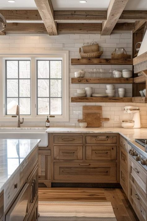 40 Rustic Farmhouse Kitchen Ideas That Look Chic and Charming  40 Rustic Farmhouse Kitchen Ideas That Look Chic and Charming Rustic Kitchen With Open Shelving, Farmhouse Kitchen No Upper Cabinets, Modern Cottage Kitchen Inspiration, Traditional Country Kitchen, Natural Rustic Hickory Kitchen Cabinets, Rustic Knotty Hickory Kitchen Cabinets, Backsplash With Rustic Hickory Cabinets, Rustic Farmhouse Kitchen Cabinets Hickory, Hickory Kitchen Cabinets Brick Backsplash