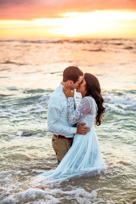 Wedding Dress In Ocean, Wedding Ocean Pictures, Beach Wedding Pictures In Water, Wedding Dress In Water Photoshoot, Wedding Pictures In The Ocean, Ocean Wedding Pictures, Ocean Wedding Photos, Beach Wedding Picture Ideas, Elopement Beach Wedding