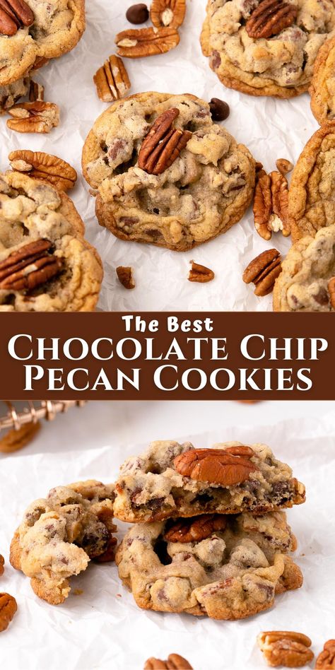 chocolate chip pecan cookies on parchment and stacked and cut in half. Classic Cookie Flavors, Cookies With Nuts Recipes, Cookie Recipes Pecan, Chocolate Chip Pecan Caramel Cookies, Chocolate Chunk Pecan Cookies, Cookie Thins Recipe, Choc Chip Pecan Cookies, Chocolate Chip Cookies With Pecans, Brown Butter Pecan Chocolate Chip Cookie