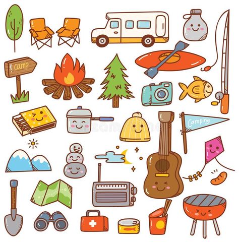 Camping stuff kawaii doodle set. Can be use as wallpaper, sticker and many creative purpose stock illustration Drawing Ideas Camping, Camping Drawings, Camping Doodles, Camp Stickers, Camp Clipart, Camping Cartoon, Camping Illustration, Camping Stickers, Camping Drawing