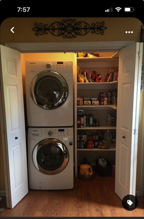 Half Laundry Room Half Pantry, Wash Room And Pantry Combo, Laundry Pantry Closet, Stacked Laundry Closet Organization, Pantry Washer Dryer Combo, Laundry Room Linen Closet Combo, Stackable Washer Dryer Laundry Room Bath, Stackable Washer Dryer Plus Hanging Room, Storage Above Stacked Washer And Dryer