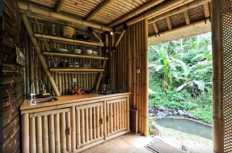 Bamboo kitchen. Dream house in Bali. Off grid eco bamboo house nestled in Bali highlands near volcano. Sustainable house made entirely from bamboo using water wheel to generate electricity. Modern Eco Friendly Home, Bamboo Home, Eco House Design, Bamboo Building, Bahay Kubo, Bamboo House Design, Rest House, Bamboo House, Tiny Cabins