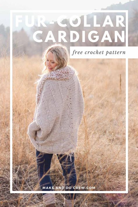 Woman standing a field of natural grasses wearing a crochet cardigan sweater with a lace rope detail running down the back. Oversized Crochet Cardigan, Cocoon Cardigan Pattern, Oversized Cardigan Pattern, Crochet Coats, Diy Cardigan, Crochet Cardigan Free, Crocheted Stuff, Crochet Cocoon, Crochet Sweater Free