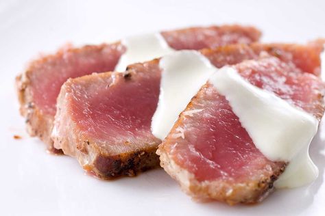 Seared Ahi Tuna with Wasabi Cream Wasabi Cream Sauce, Seared Ahi Tuna Recipe, Ahi Tuna Recipe, Seared Ahi Tuna, Wasabi Sauce, South Beach Diet Recipes, Seafood Sushi, Tuna Recipe, Seared Ahi