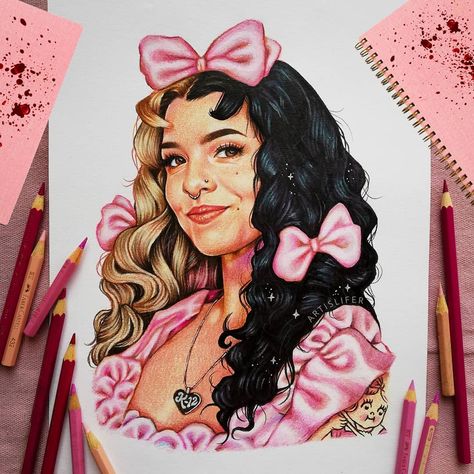 K-12 inspired drawing of @littlebodybigheart 💜🍭 I used Faber castell classic color pencil x fabriano.  Notebook and bloodstain edited using… Melanie Martinez Anime, Melanie Martinez Songs, Portals Tour, Melanie Martinez Drawings, Beanie Boo, Book Drawing, Drawing Images, Color Pencil Art, Color Pencil